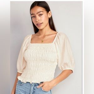 Old Navy Cream Fitted Puff-Sleeve Smocked Top Large